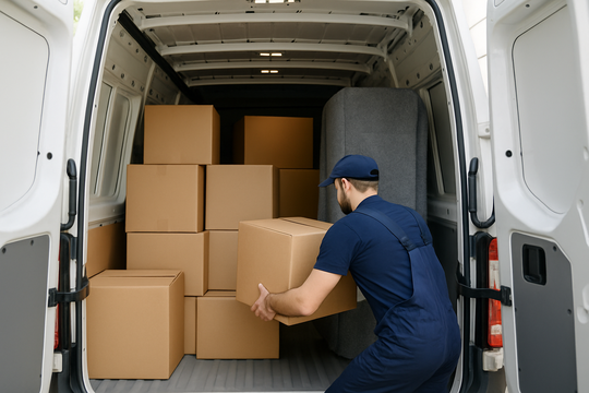 Beiladung Paderborn – Kartons werden in einen geteilten Transporter geladen